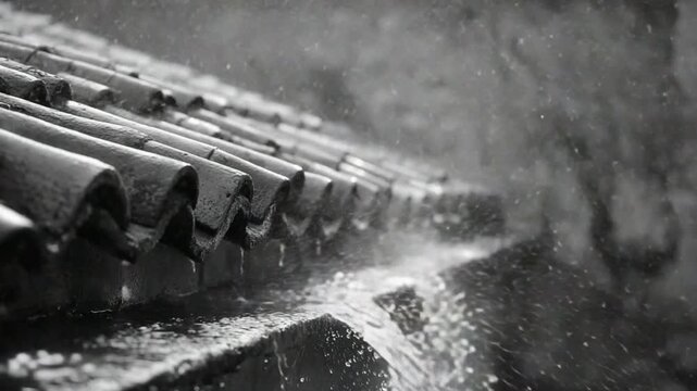 Heavy rain cascading down a dark gray tiled roof