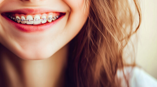 Closeup of girl smile with braces on teeth on beige background. Orthodontic treatment for teeth alignment, beautiful smile and correct bite in children.