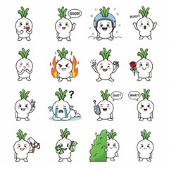 Obraz premium Set of Onion Character Emoticons and Expressions on White Background, Cute Food Vector Illustrations for Stickers and Design Elements