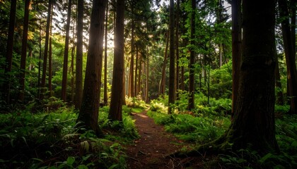 Obraz premium Sunlight filtering through a dense forest (4)