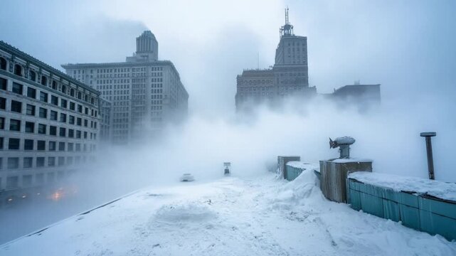 Urban cityscape shrouded in heavy fog,  with snow-covered rooftops