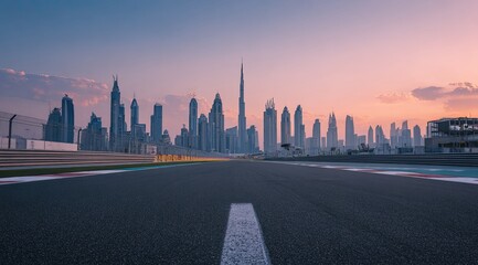 Empty race track leading to a cityscape at sunset