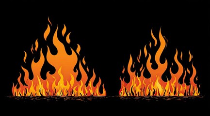 Two stylized flames against a black background.  Orange-yellow flames with darker details rise from a textured base of embers