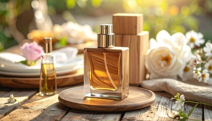 Wooden perfume botle, product photography