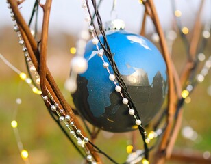 Blue globe ornament hung from branches with string lights and beads