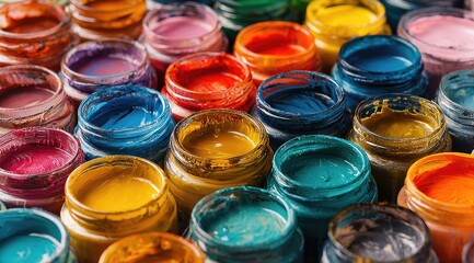 Close-up of many colorful paint jars