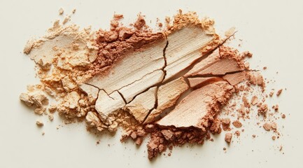 Crushed, pastel-toned eyeshadow or powder, fragmented in a light beige, peach, and light brown color palette, scattered on a white background