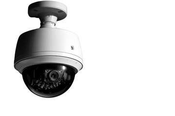 A white dome security camera hangs against a transparent background, providing surveillance and security. background removed