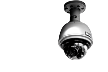 A monochrome close-up of a dome security camera hanging from a ceiling against a transparent background. background removed