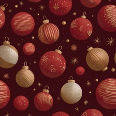 Festive red and gold christmas ornament pattern with snowflakes on dark background