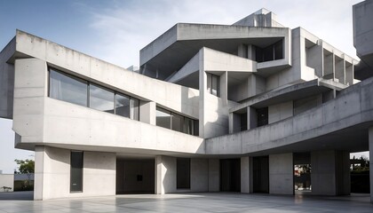 Angular concrete building with geometric design, multiple levels, expansive windows, and an open courtyard under a bright sky