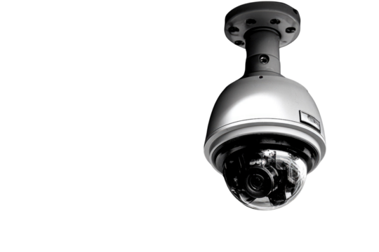 A monochrome close-up of a dome security camera hanging from a ceiling against a transparent background. background removed
