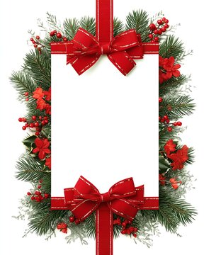 Festive christmas frame with red bow, pine branches, and poinsettia flowers