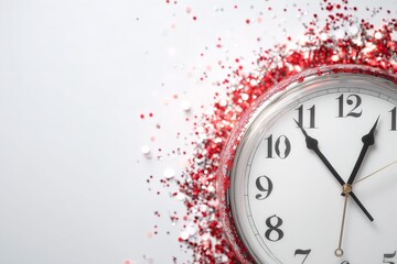 Classic clock with red and silver glitter against white background