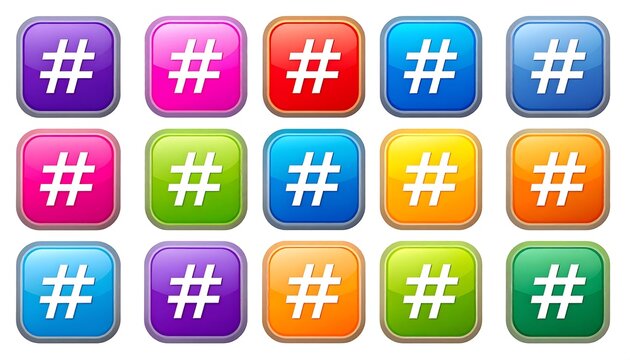 Set of colorful, glossy, square hashtag icons, perfect for social media or digital design projects. - Powered by Adobe