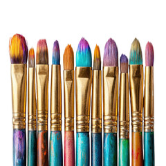 Fototapeta premium A row of colorful paintbrushes with gold ferrules against a transparent background. background removed