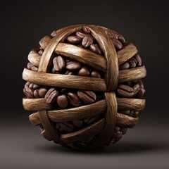 A sphere of coffee beans, nestled within a woven wooden lattice