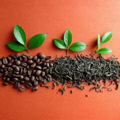Coffee and tea leaves on orange background