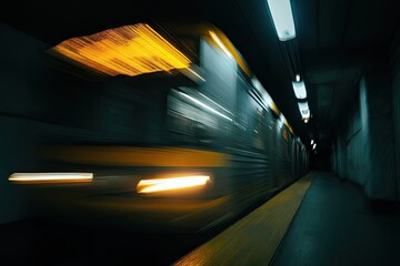 A fast-moving train streaks through a dark subway tunnel.  Blurred motion creates a sense of speed and energy.  Yellow highlights the train's form
