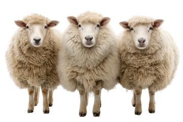 Naklejka premium Three fluffy sheep stand side-by-side, facing the camera, against a transparent background. background removed