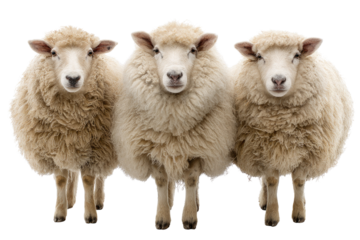 Three fluffy sheep stand side-by-side, facing the camera, against a transparent background. background removed