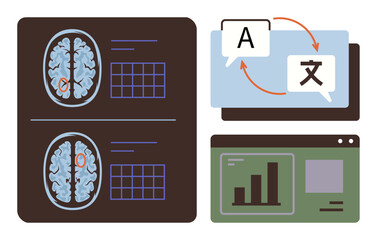 Brain imaging with highlighted regions, bilingual translation process, and analytics dashboard. Ideal for neuroscience, AI, data science, linguistics, technology innovation education. Simple flat
