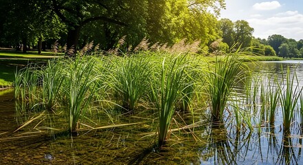 Obraz premium Serene Lakeside Scenery with Aquatic Plants.