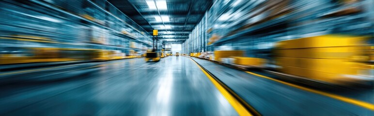 Fast-paced warehouse interior with motion blur