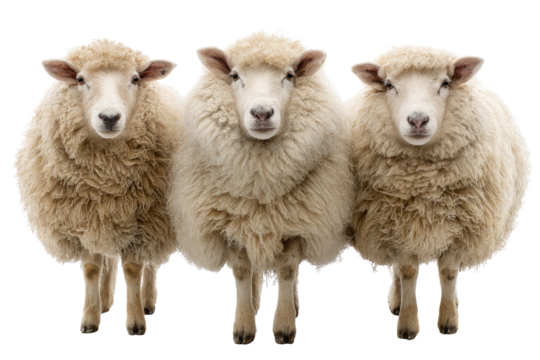 Three fluffy sheep stand side-by-side, facing the camera, against a transparent background. background removed