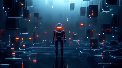 A cyberpunkthemed digital artwork featuring a futuristic, neonlit corridor with a central robot. The corridor is illuminated by a series of hanging lights, casting a cool blue hue over the scene.