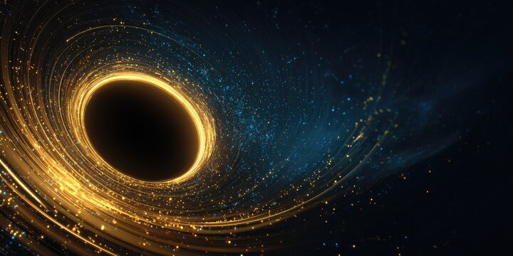A swirling vortex of gold light surrounds a dark central void, resembling a black hole.  Cosmic energy streams radiate outwards