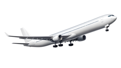 Sleek Commercial Airplane Taking Off Against a Clear Blue Sky Over White Background