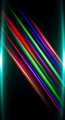 Abstract image featuring vibrant, diagonal streaks of red, green, blue, and purple light on a black background. Bright teal lens flares flank the streaks. Dynamic and energetic design.