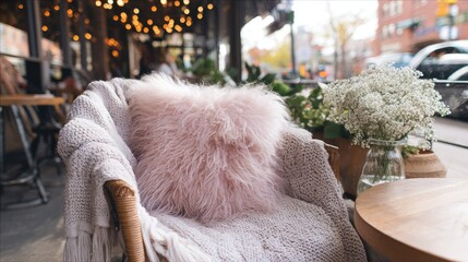 Pink faux fur pillow on a wicker chair, outdoors, cafe setting
