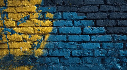 Painted brick wall, vibrant yellow and dark blue