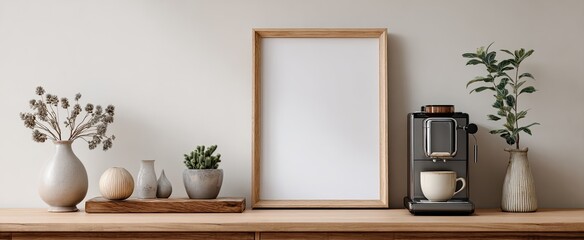 A minimalist home scene featuring a light-colored wooden table, various vases with dried plants, succulents, a blank frame, and a coffee machine