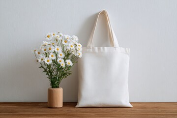 A simple, neutral-toned still life. A bouquet of white daisies sits beside a plain white canvas tote bag on a light brown wooden surface against a white wall