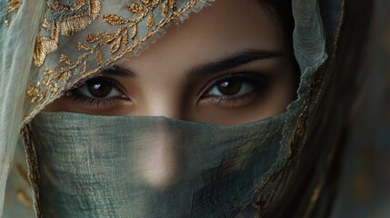 Naklejka premium Close-up of a woman's face veiled in intricate fabric.