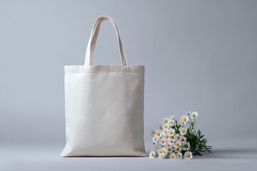 Blank canvas tote bag beside a bouquet of daisies