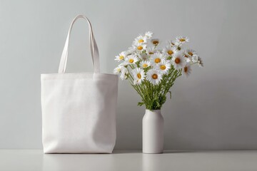 Blank white canvas tote bag beside a bouquet of daisies in a vase