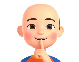 Cartoon Boy with Finger to Lips in 3D Rendering.