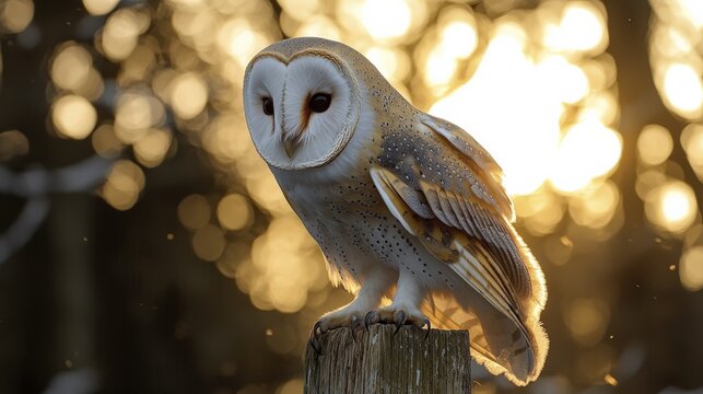 Barn owl perched on a wooden post in the golden hour