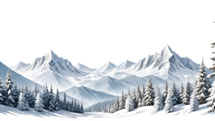 Snowy Mountain Landscape with Evergreen Trees in a Winter Wonderland Scene
