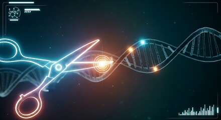 Gene editing (CRISPR) technology concept. A holographic pair of light scissors snips a specific segment of a DNA chain, symbolizing genetic engineering