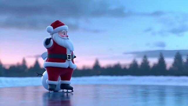 3D animated Santa Claus ice skatingsnowman.