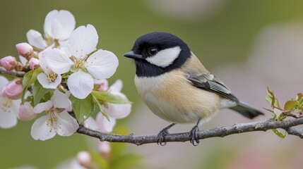 Fototapeta premium A charming great tit perched on a branch with delicate white blossoms.