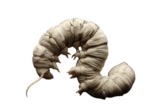 Close-up of a large, pale, segmented caterpillar with dark speckles, curled on a transparent background. background removed