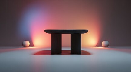 Dark, simple, modern coffee table, lit by vibrant spotlights