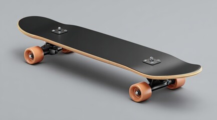 Longboard, black deck, orange wheels