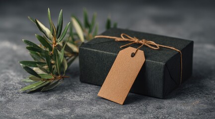 Dark green gift box with kraft tag and olive branch